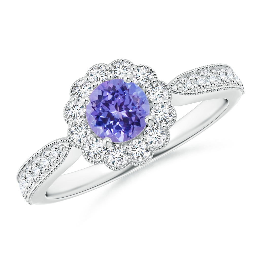 5mm AAA Vintage Inspired Tanzanite Milgrain Ring with Diamond Halo in White Gold
