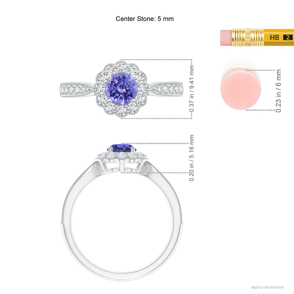 5mm AAA Vintage Inspired Tanzanite Milgrain Ring with Diamond Halo in White Gold Ruler