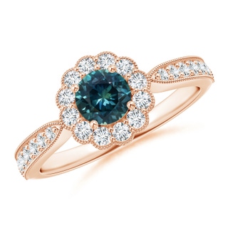 5mm AAA Vintage Inspired Teal Montana Sapphire Milgrain Ring with Halo in Rose Gold