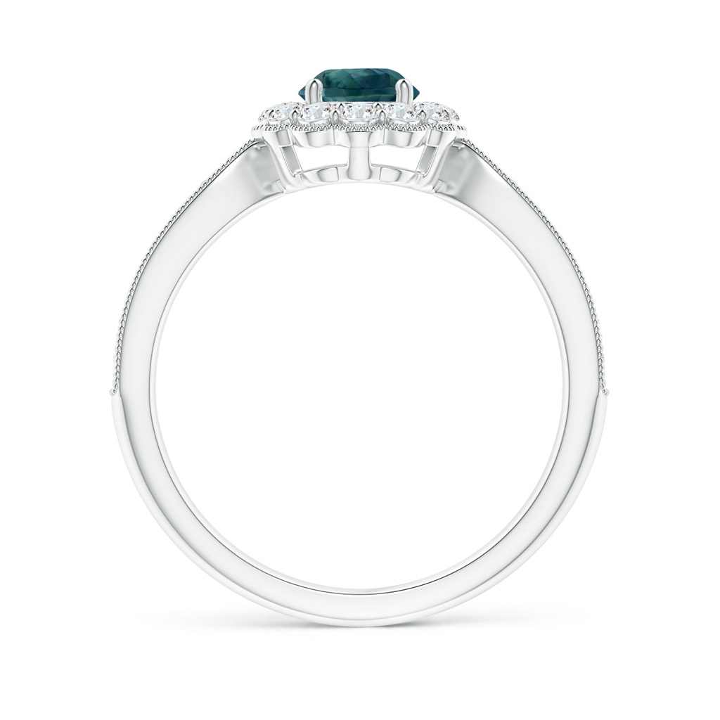 5mm AAA Vintage Inspired Teal Montana Sapphire Milgrain Ring with Halo in White Gold Side 1