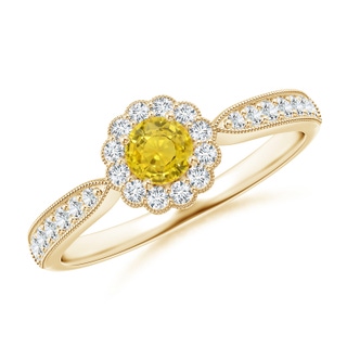 4mm AAA Vintage Inspired Yellow Sapphire Milgrain Ring with Halo in Yellow Gold
