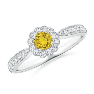 4mm AAAA Vintage Inspired Yellow Sapphire Milgrain Ring with Halo in P950 Platinum