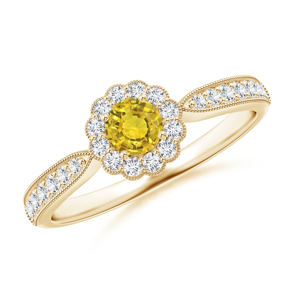 4mm AAAA Vintage Inspired Yellow Sapphire Milgrain Ring with Halo in Yellow Gold