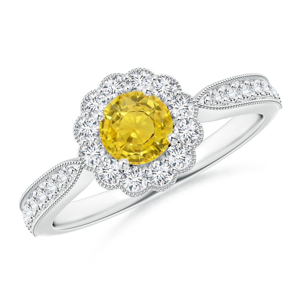 5mm AAA Vintage Inspired Yellow Sapphire Milgrain Ring with Halo in White Gold 