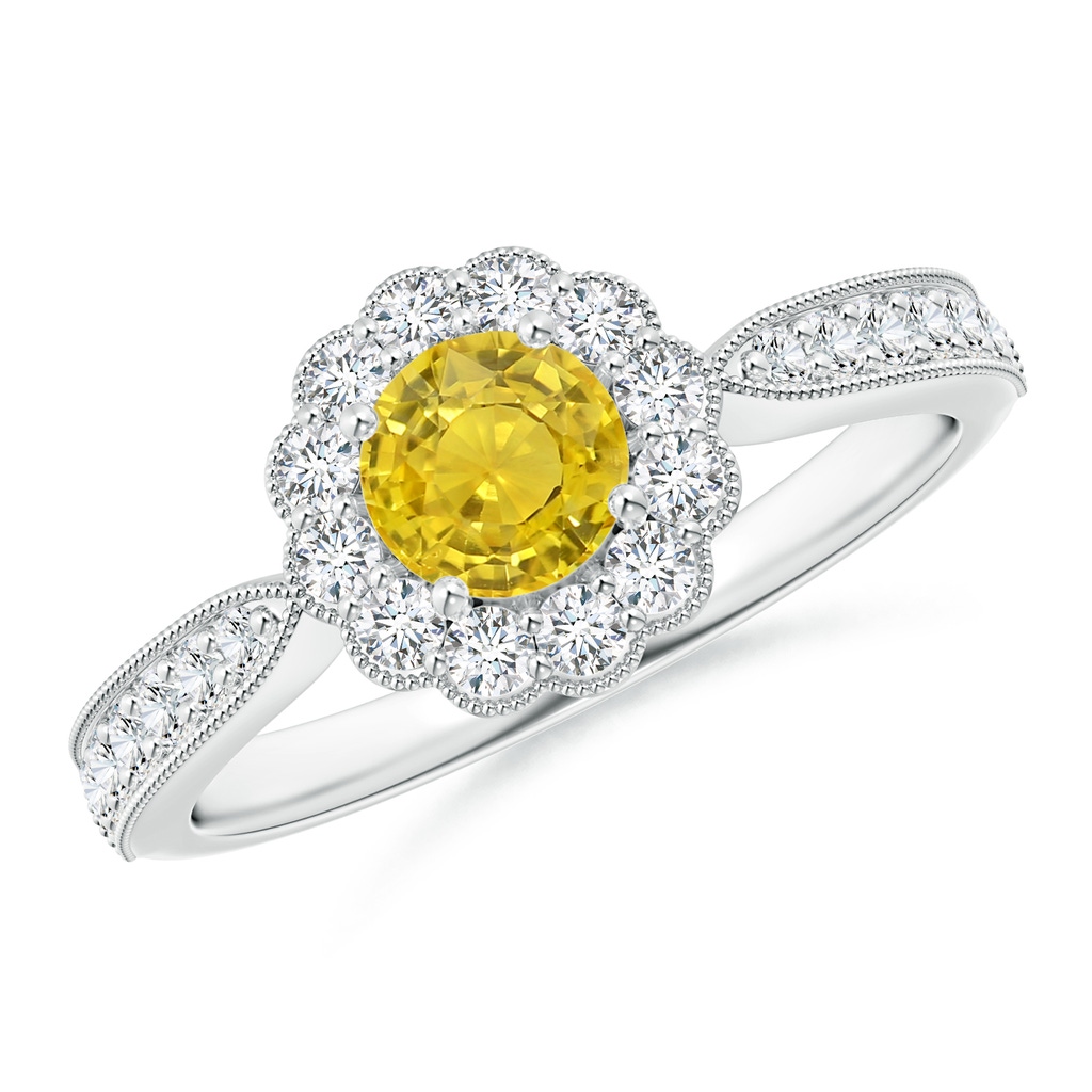 5mm AAA Vintage Inspired Yellow Sapphire Milgrain Ring with Halo in White Gold