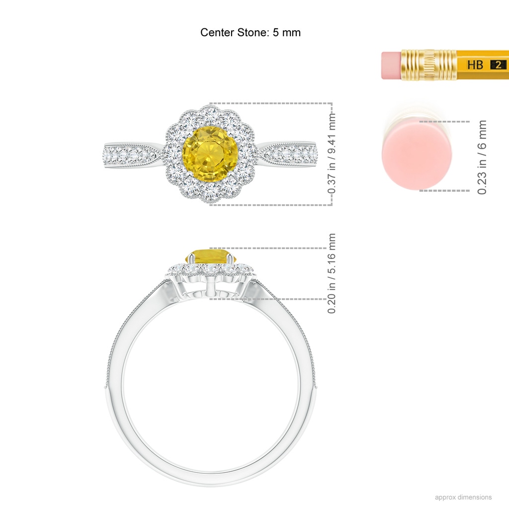 5mm AAA Vintage Inspired Yellow Sapphire Milgrain Ring with Halo in White Gold Ruler