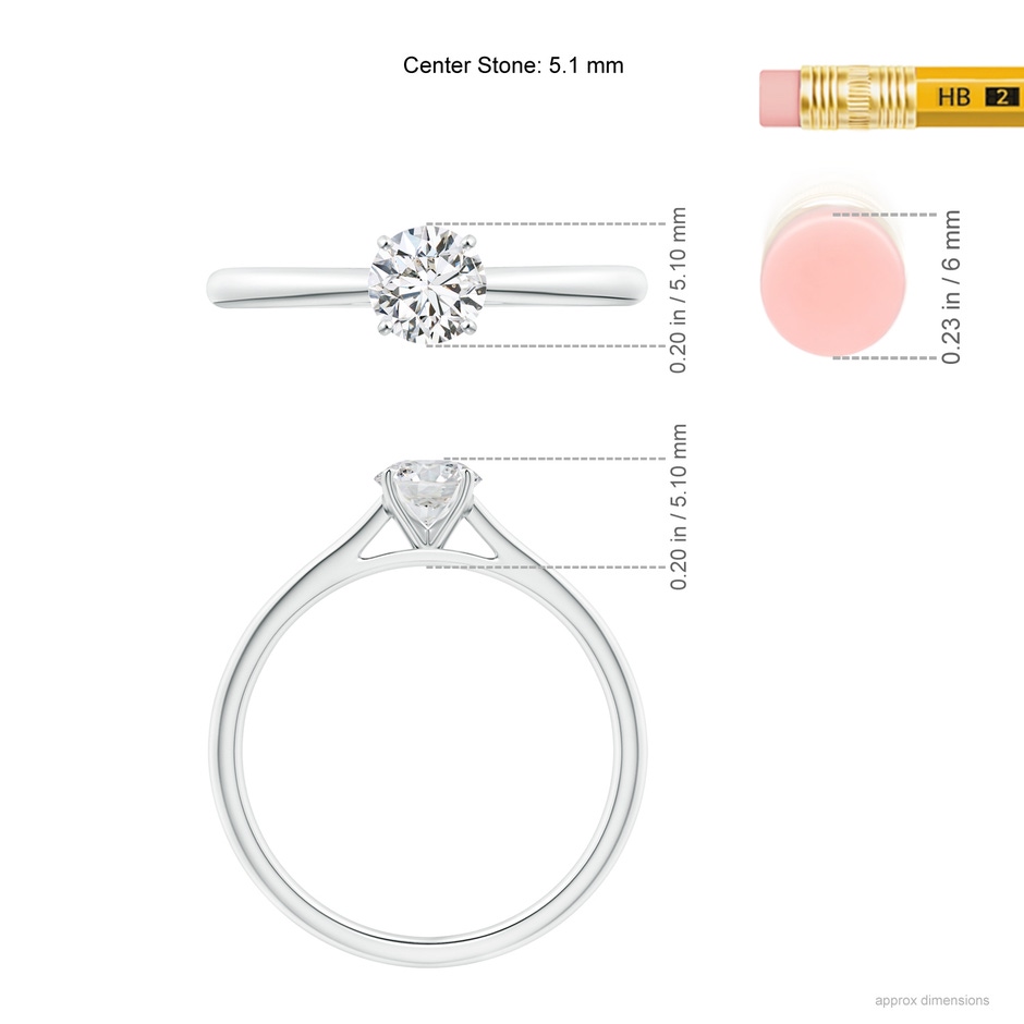 5.1mm HSI2 Round Diamond Tapered Cathedral Solitaire Engagement Ring in White Gold ruler