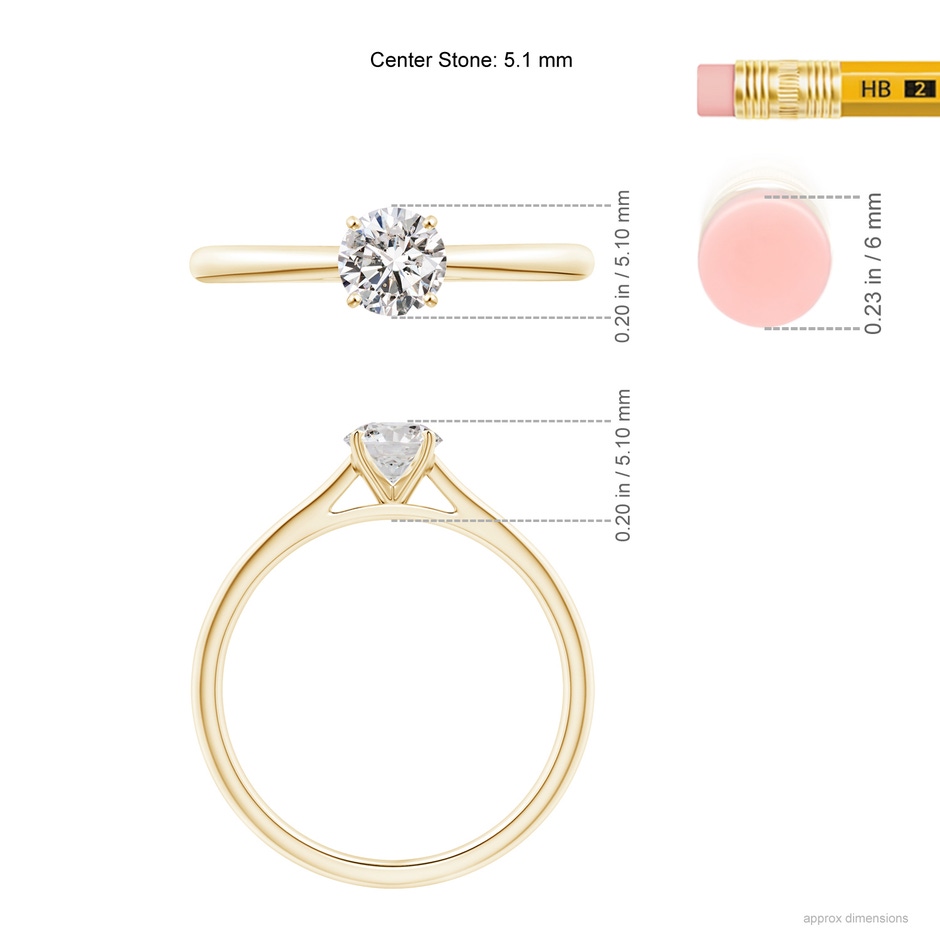 5.1mm IJI1I2 Round Diamond Tapered Cathedral Solitaire Engagement Ring in Yellow Gold ruler