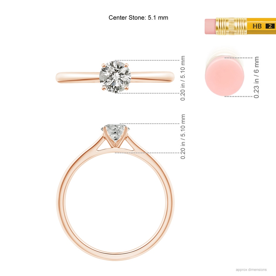 5.1mm KI3 Round Diamond Tapered Cathedral Solitaire Engagement Ring in Rose Gold ruler