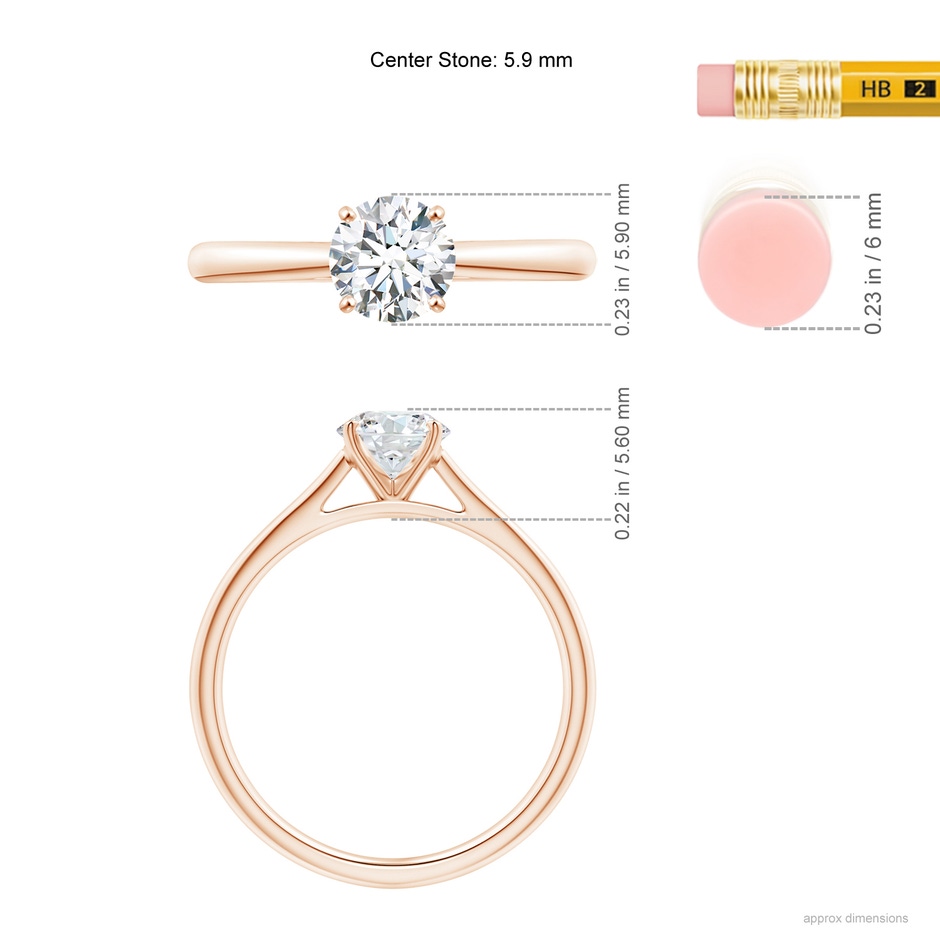 5.9mm GVS2 Round Diamond Tapered Cathedral Solitaire Engagement Ring in Rose Gold ruler