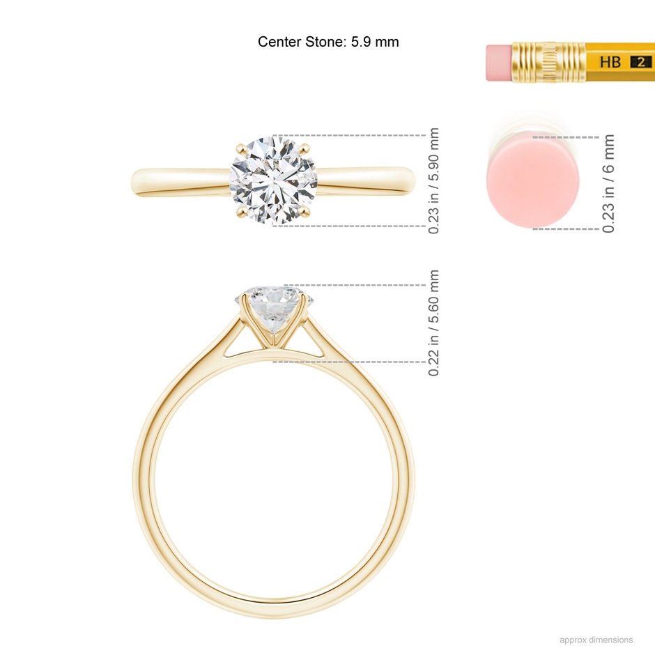 5.9mm HSI2 Round Diamond Tapered Cathedral Solitaire Engagement Ring in Yellow Gold ruler