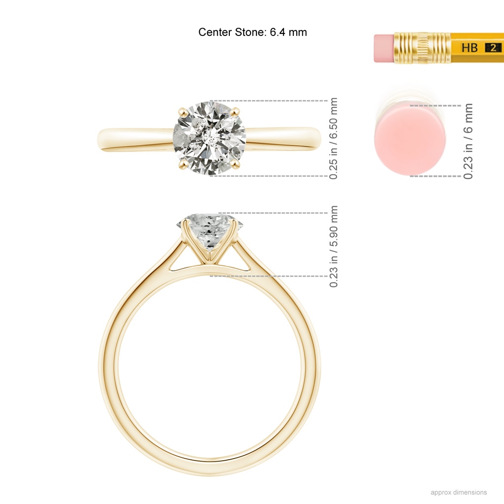 6.4mm KI3 Round Diamond Tapered Cathedral Solitaire Engagement Ring in Yellow Gold Ruler