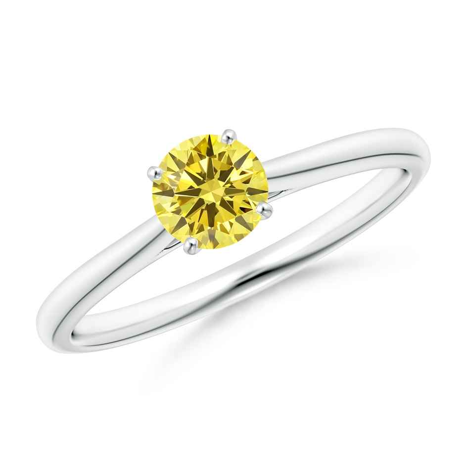 5.1mm AAAA Round Fancy Intense Yellow Diamond Tapered Cathedral Solitaire Engagement Ring in White Gold 