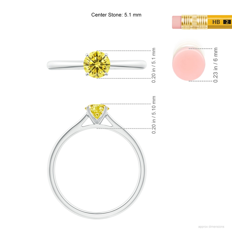 5.1mm AAAA Round Fancy Intense Yellow Diamond Tapered Cathedral Solitaire Engagement Ring in White Gold ruler