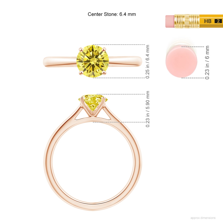 6.4mm AAAA Round Fancy Intense Yellow Diamond Tapered Cathedral Solitaire Engagement Ring in Rose Gold ruler