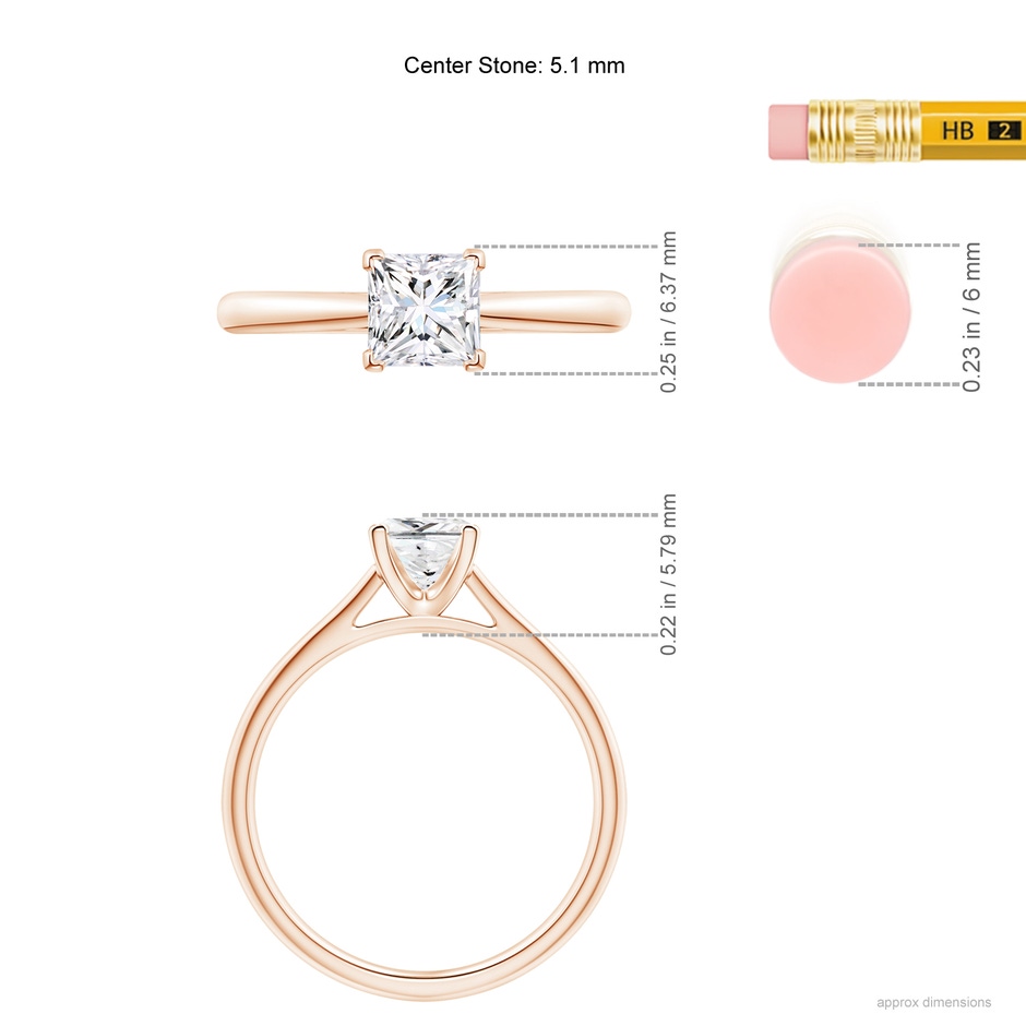 5.1mm GVS2 Princess-Cut Diamond Tapered Cathedral Engagement Ring in Rose Gold ruler
