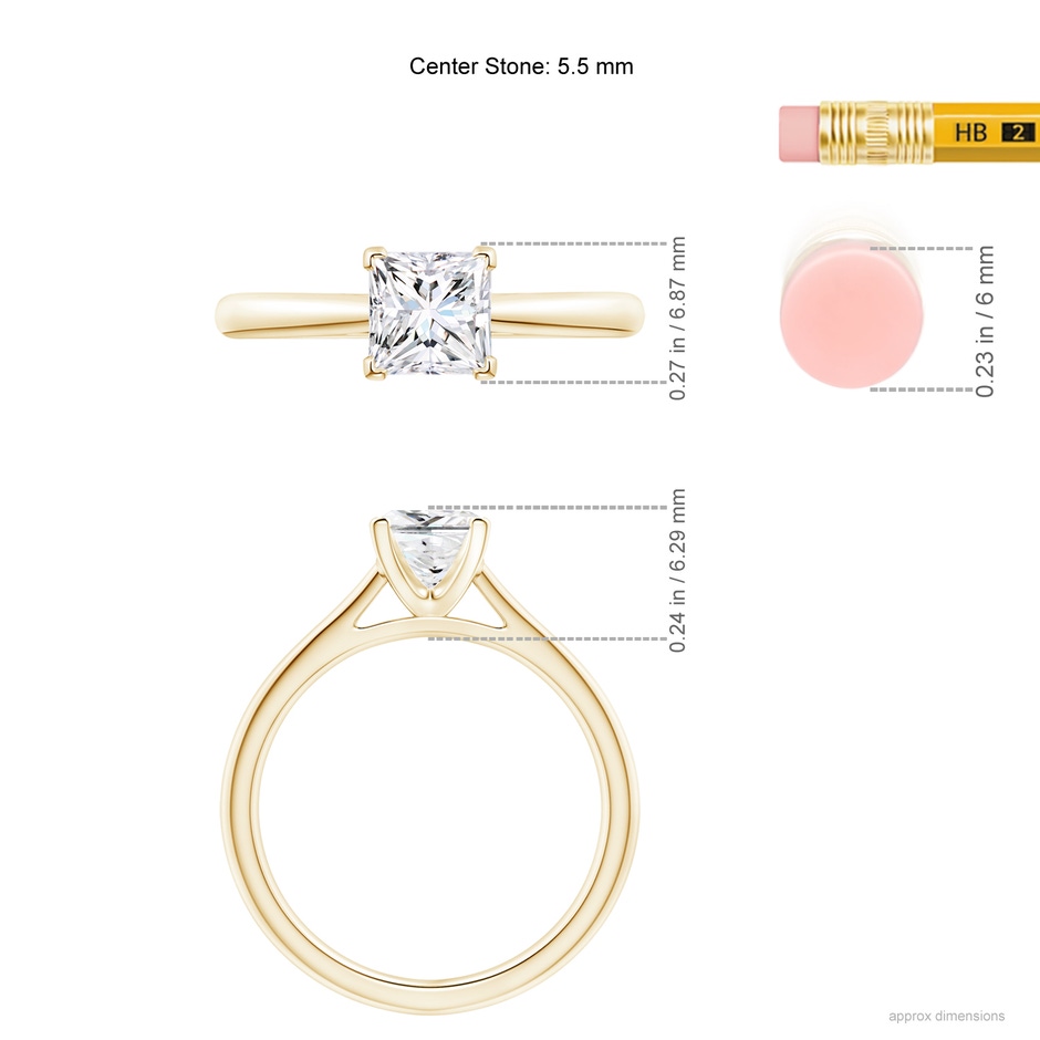 5.5mm GVS2 Princess-Cut Diamond Tapered Cathedral Engagement Ring in Yellow Gold ruler