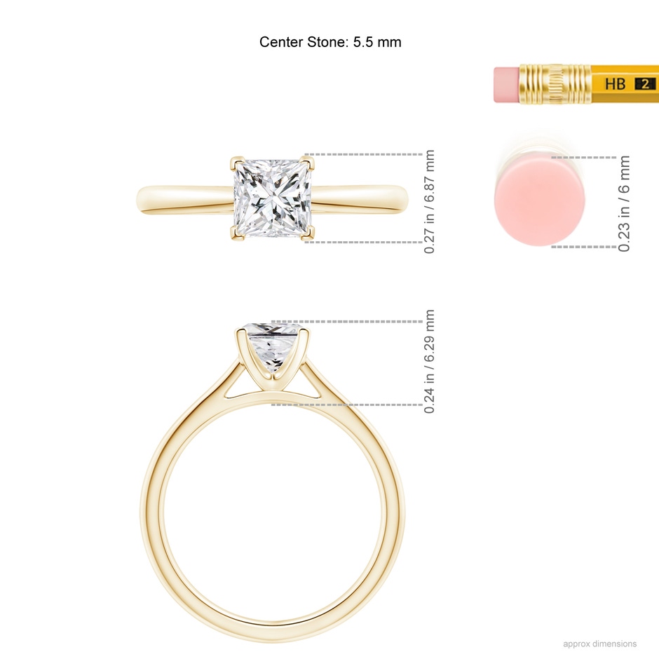 5.5mm HSI2 Princess-Cut Diamond Tapered Cathedral Engagement Ring in Yellow Gold ruler