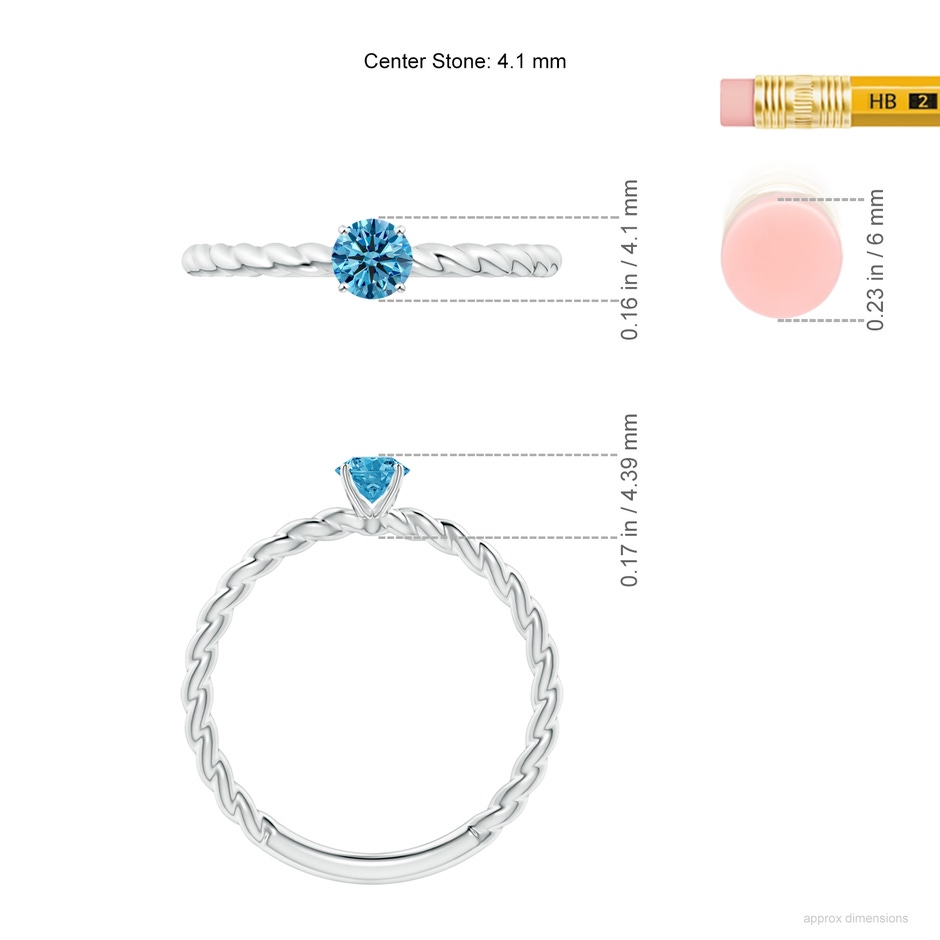 4.1mm AAAA Twisted Shank Round Fancy Intense Blue Diamond Solitaire Engagement Ring in P950 Platinum ruler