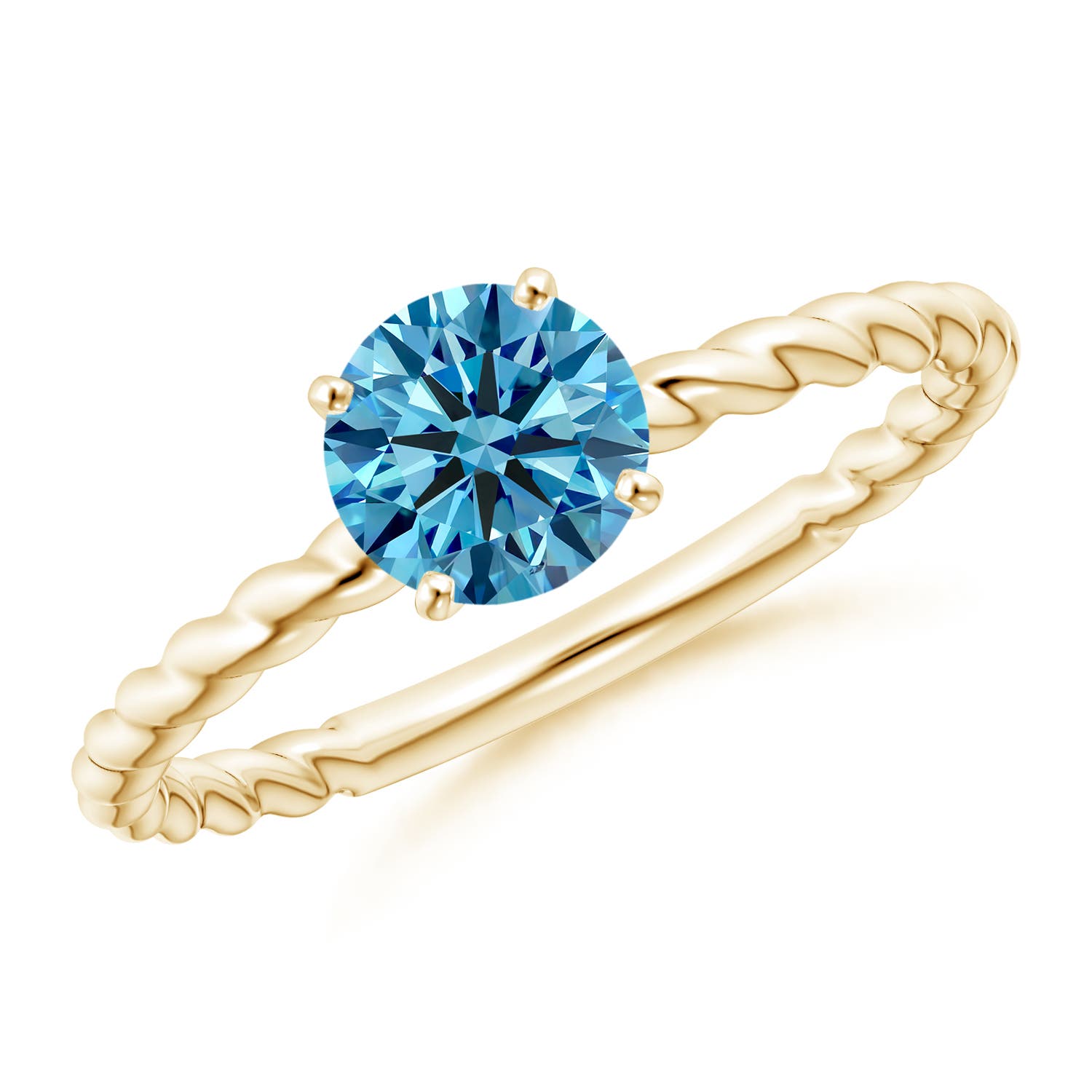 Angara 0.75 CTW Twisted Shank Round Fancy Intense Blue Diamond Solitaire Engagement Ring in 18K Yellow Gold