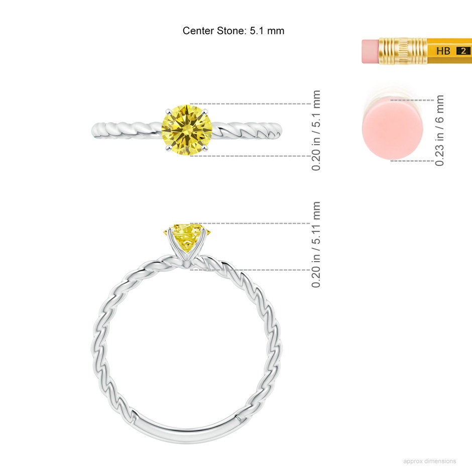 5.1mm AAAA Twisted Shank Round Fancy Intense Yellow Diamond Solitaire Engagement Ring in White Gold ruler