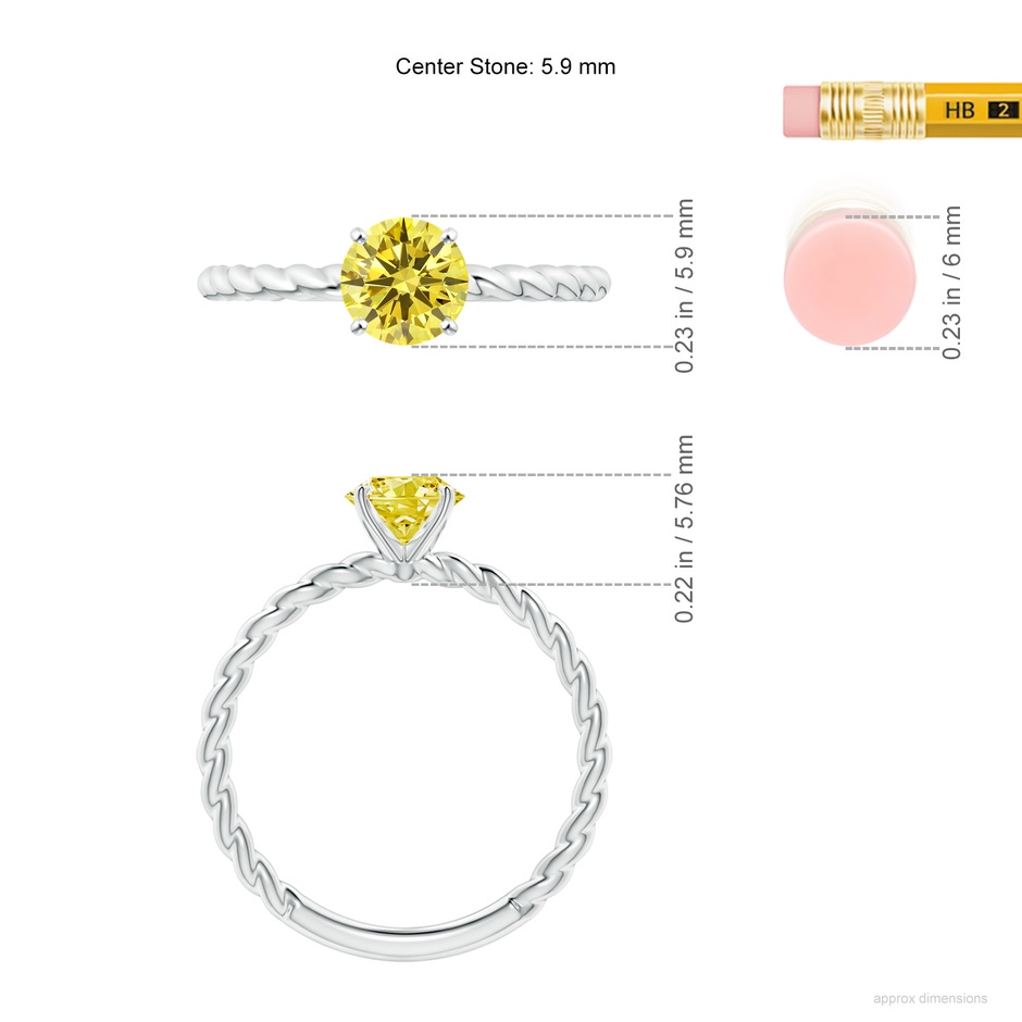 5.9mm AAAA Twisted Shank Round Fancy Intense Yellow Diamond Solitaire Engagement Ring in White Gold ruler