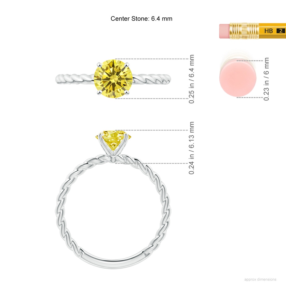 6.4mm AAAA Twisted Shank Round Fancy Intense Yellow Diamond Solitaire Engagement Ring in P950 Platinum ruler