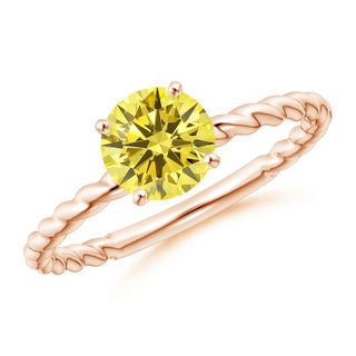 6.4mm AAAA Twisted Shank Round Fancy Intense Yellow Diamond Solitaire Engagement Ring in Rose Gold