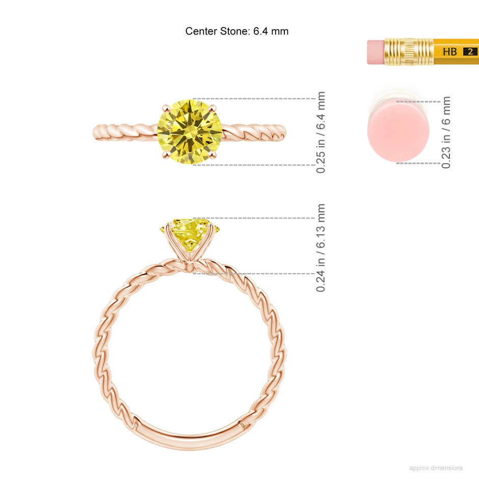 6.4mm AAAA Twisted Shank Round Fancy Intense Yellow Diamond Solitaire Engagement Ring in Rose Gold ruler