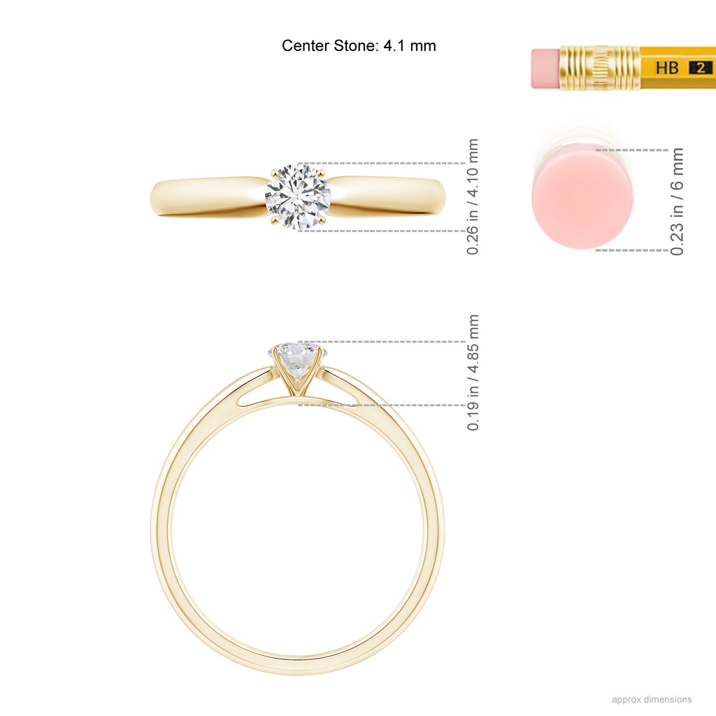 4.1mm HSI2 Classic Solitaire Diamond Rounded Cathedral Engagement Ring in Yellow Gold Ruler