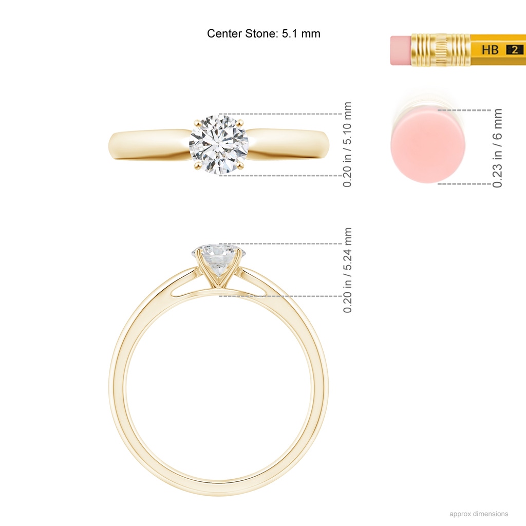 5.1mm HSI2 Classic Solitaire Diamond Rounded Cathedral Engagement Ring in Yellow Gold Ruler