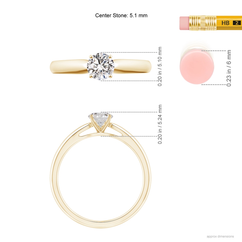 5.1mm IJI1I2 Classic Solitaire Diamond Rounded Cathedral Engagement Ring in Yellow Gold ruler