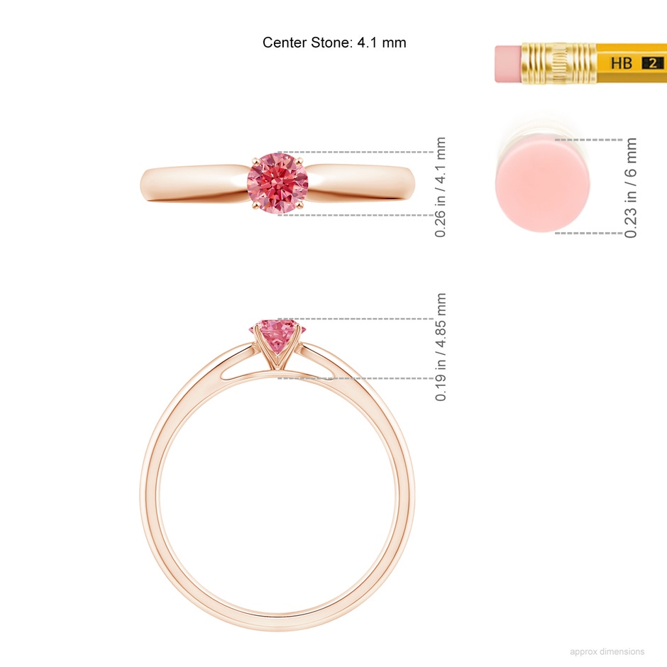 4.1mm AAAA Classic Solitaire Fancy Intense Pink Diamond Rounded Cathedral Engagement Ring in Rose Gold ruler