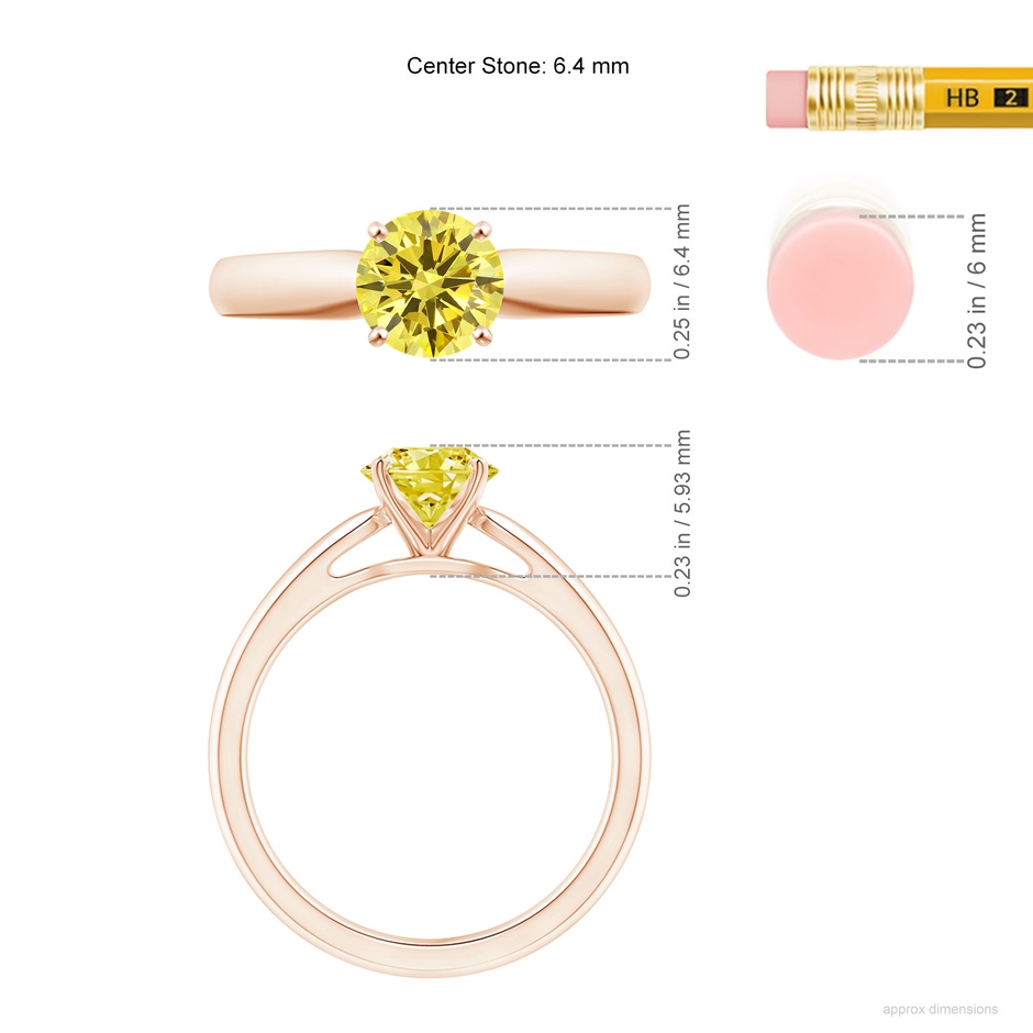6.4mm AAAA Classic Solitaire Fancy Intense Yellow Diamond Rounded Cathedral Engagement Ring in Rose Gold ruler