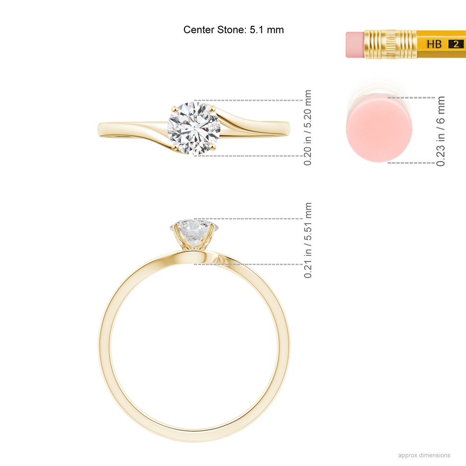 5.1mm HSI2 Classic Solitaire Round Diamond Bypass Engagement Ring in Yellow Gold ruler