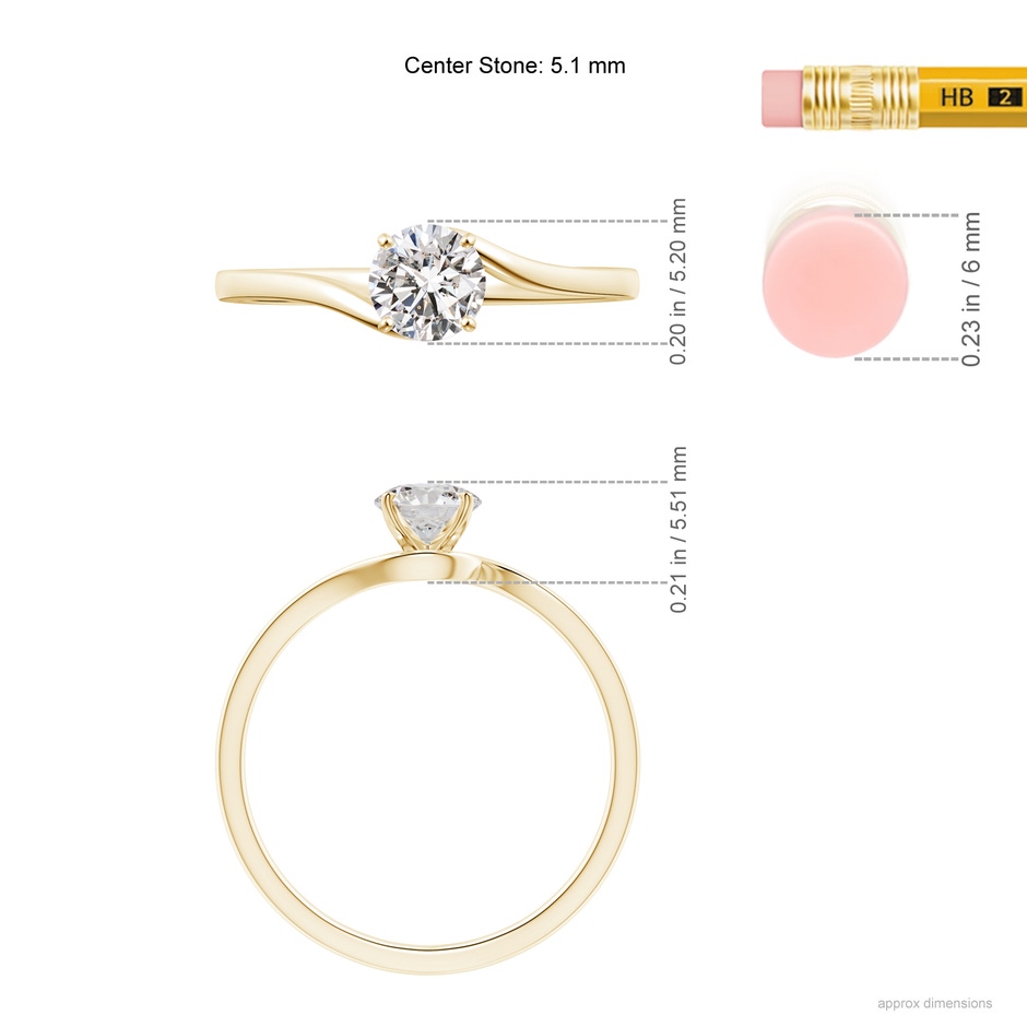 5.1mm IJI1I2 Classic Solitaire Round Diamond Bypass Engagement Ring in Yellow Gold ruler