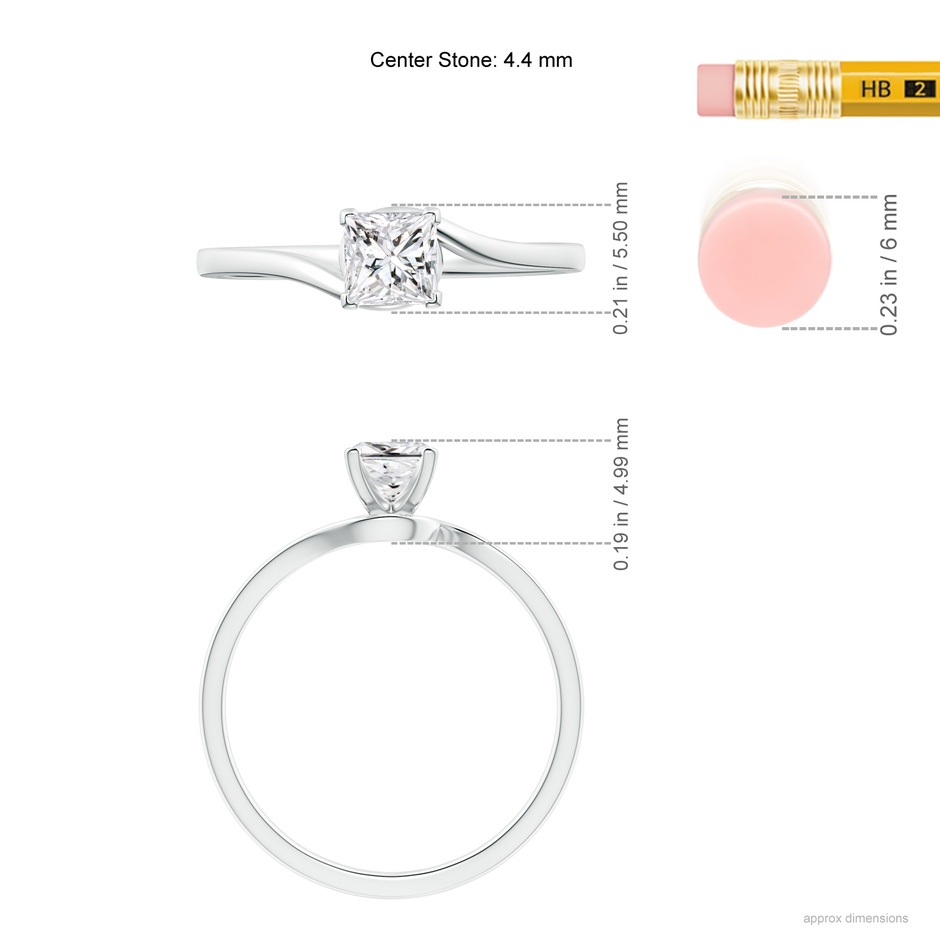 4.4mm HSI2 Classic Solitaire Princess-Cut Diamond Bypass Engagement Ring in White Gold ruler