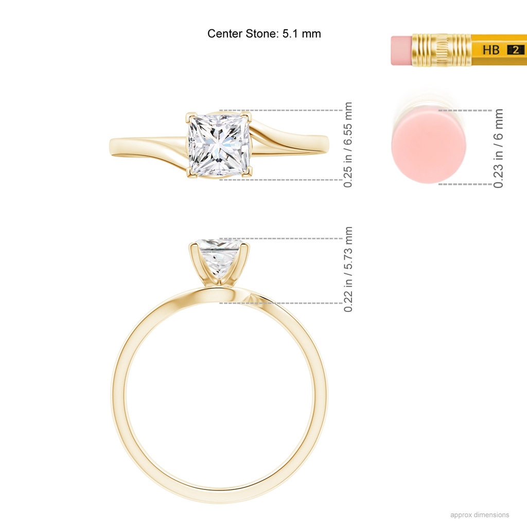 5.1mm GVS2 Classic Solitaire Princess-Cut Diamond Bypass Engagement Ring in Yellow Gold Ruler