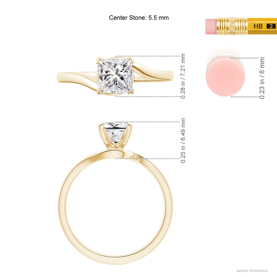 5.5mm IJI1I2 Classic Solitaire Princess-Cut Diamond Bypass Engagement Ring in Yellow Gold ruler