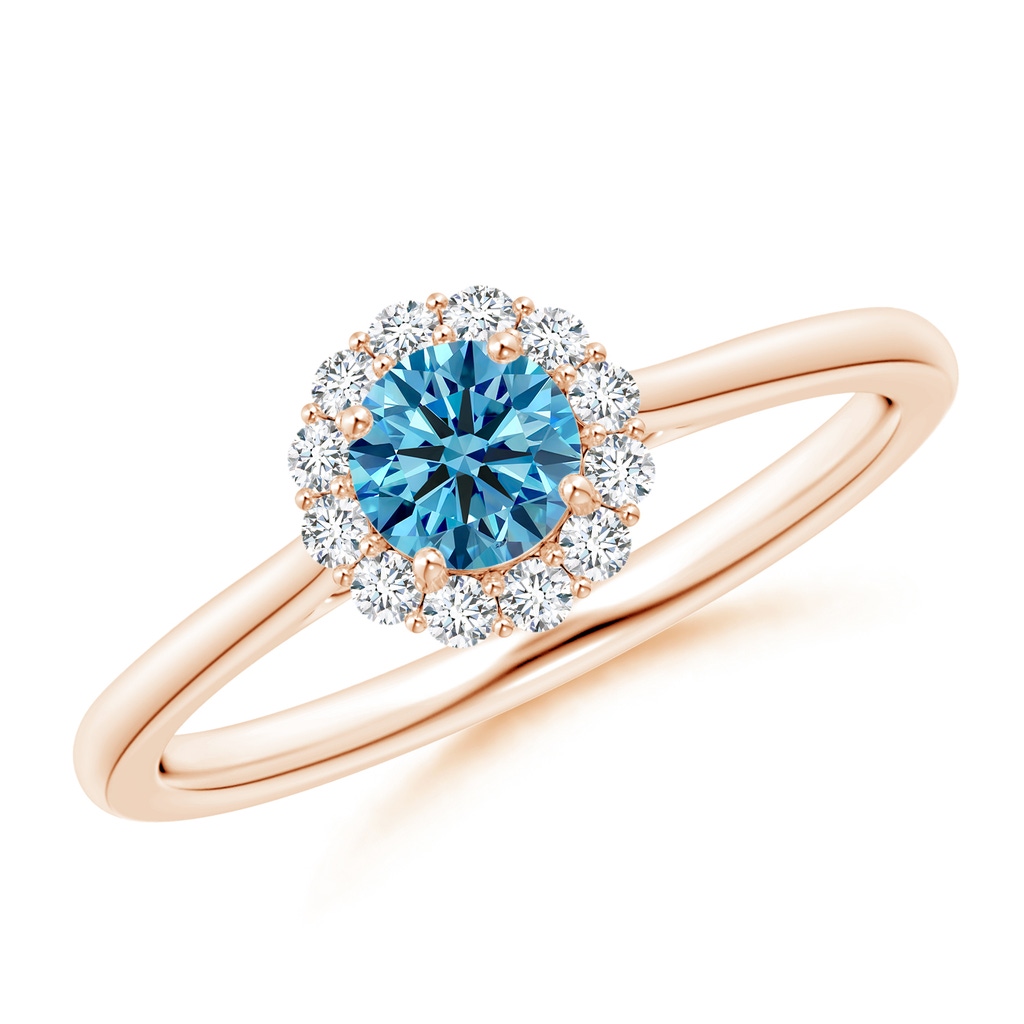 4.5mm AAAA Classic Round Fancy Intense Blue Diamond Scalloped Halo Ring in Rose Gold