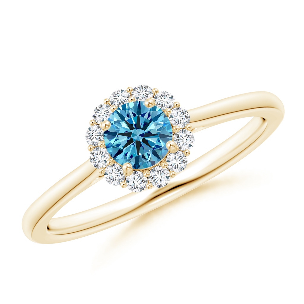 4.5mm AAAA Classic Round Fancy Intense Blue Diamond Scalloped Halo Ring in Yellow Gold