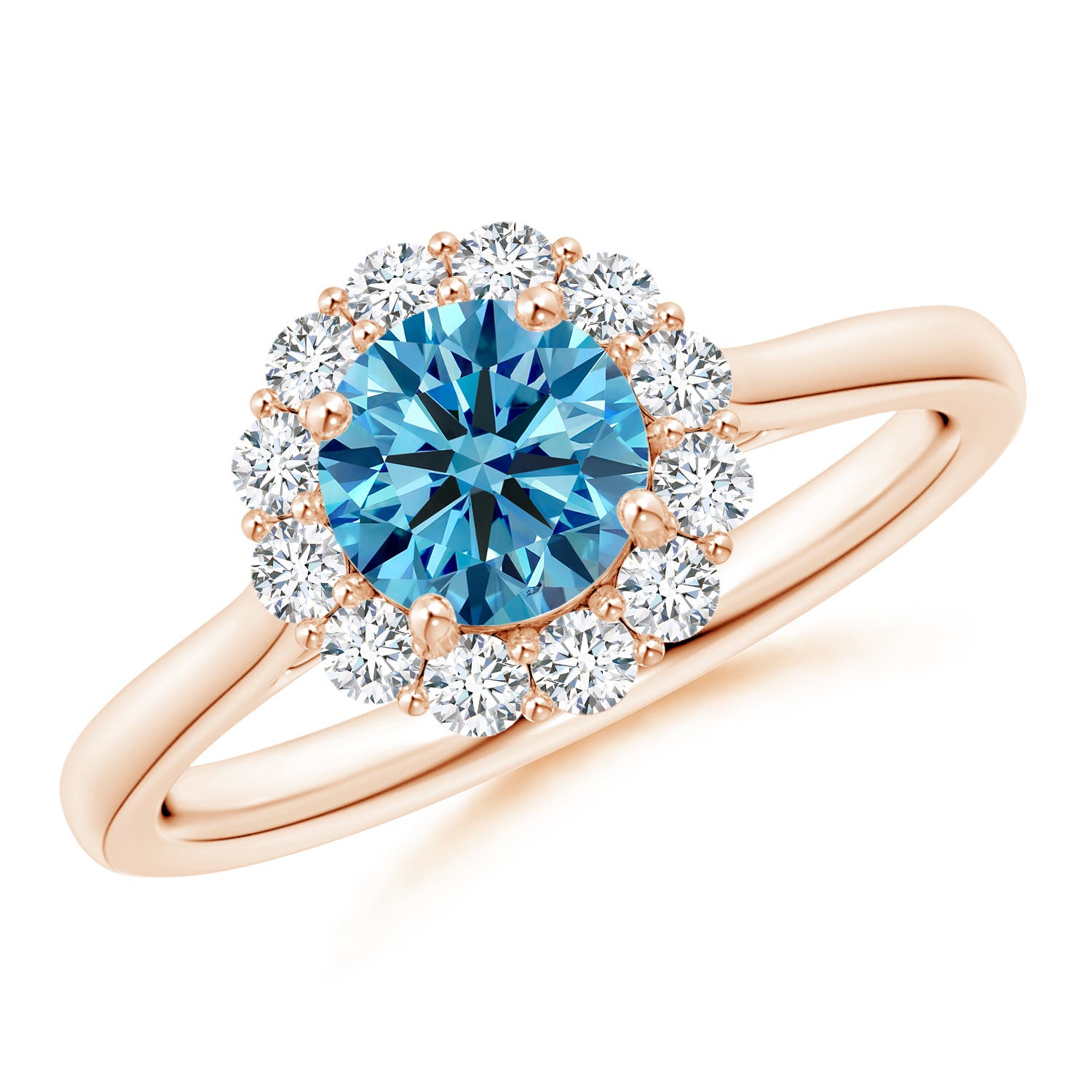 Angara 1.02 CTW Classic Round Fancy Intense Blue Diamond Scalloped Halo Engagement Ring in 18K Rose Gold
