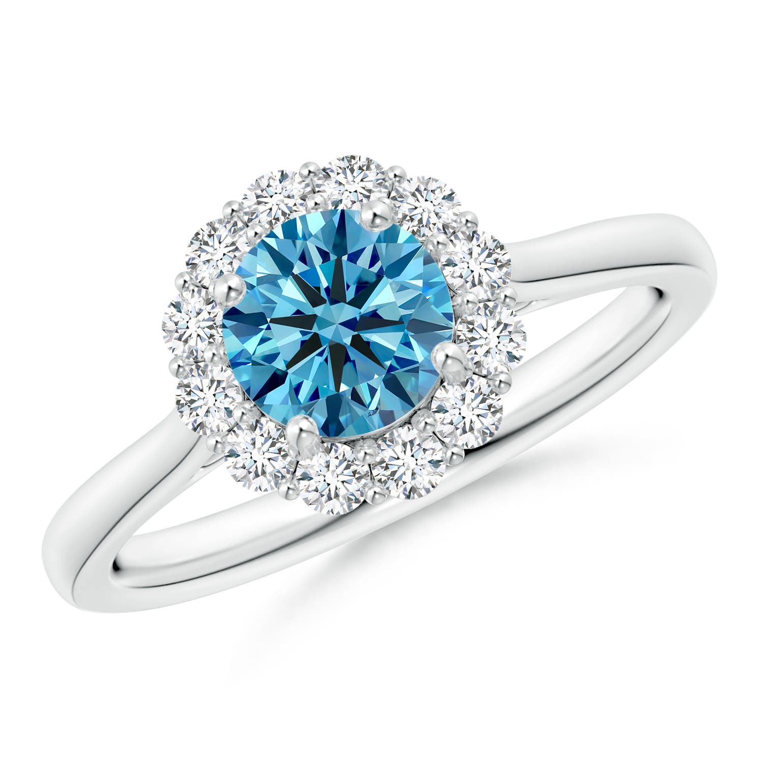 5.8mm AAAA Classic Round Fancy Intense Blue Diamond Scalloped Halo Ring in 18K White Gold