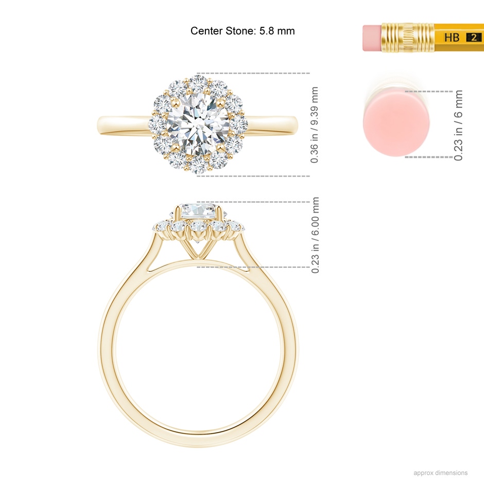 5.8mm GVS2 Classic Round Diamond Scalloped Halo Ring in Yellow Gold ruler