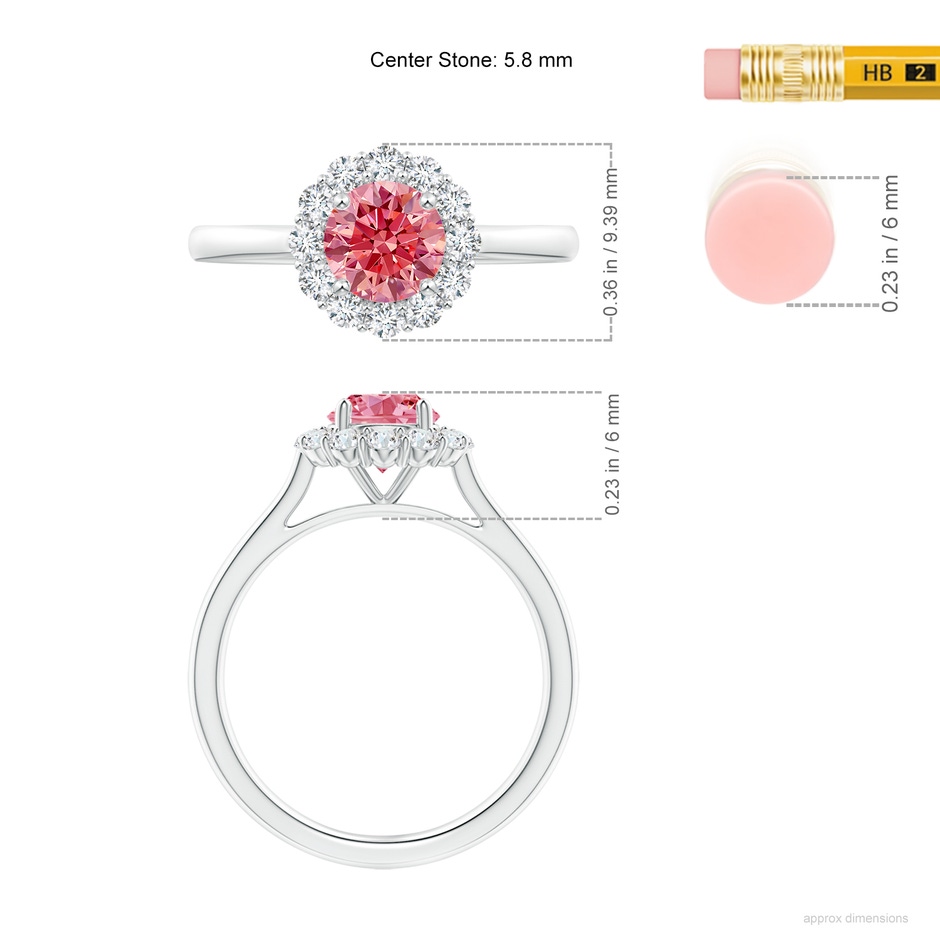 5.8mm AAAA Classic Round Fancy Intense Pink Diamond Scalloped Halo Ring in White Gold ruler