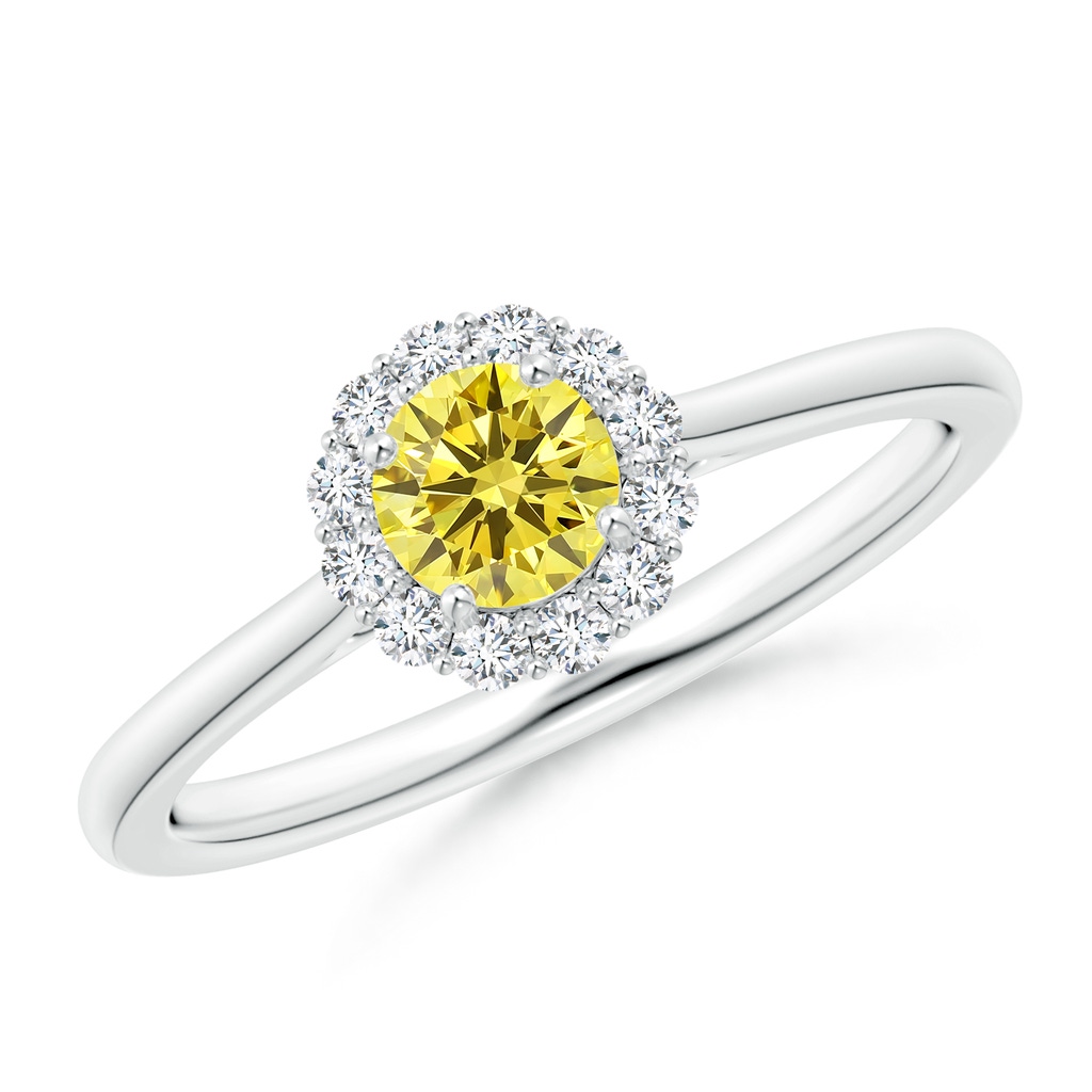 4.5mm AAAA Classic Round Fancy Intense Yellow Diamond Scalloped Halo Ring in P950 Platinum