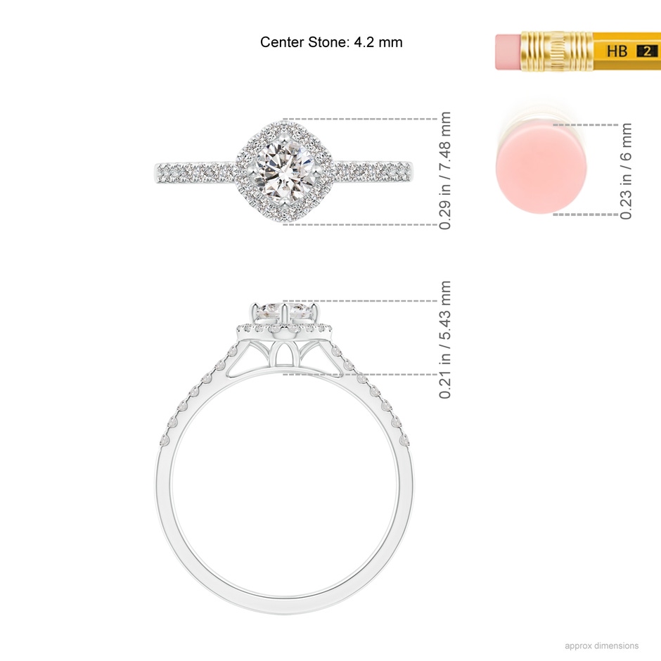 4.2mm IJI1I2 Cushion Halo Round Diamond Ring with Accents in White Gold ruler
