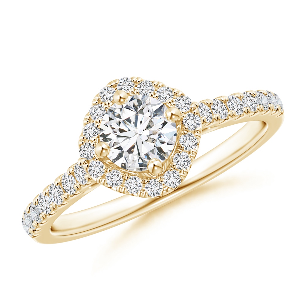 4.9mm HSI2 Cushion Halo Round Diamond Ring with Accents in Yellow Gold