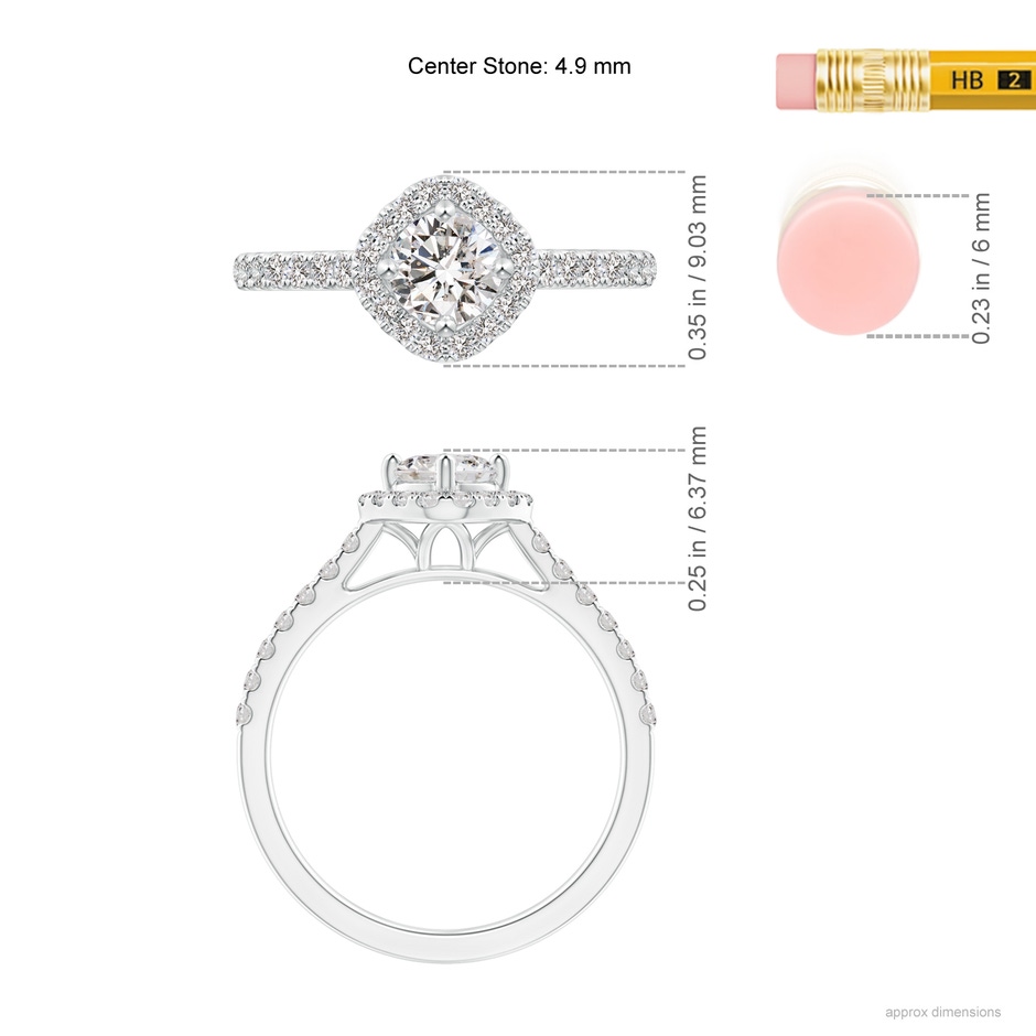 4.9mm IJI1I2 Cushion Halo Round Diamond Ring with Accents in White Gold ruler