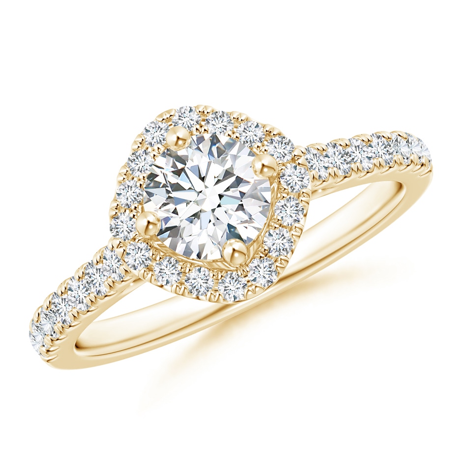 5.3mm GVS2 Cushion Halo Round Diamond Ring with Accents in Yellow Gold 